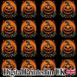 Cute Carved Pumpkin Leaves Black Background Halloween Seamless Pattern Digital Print Fabric by the Metre UK Sewing Quilting Textile