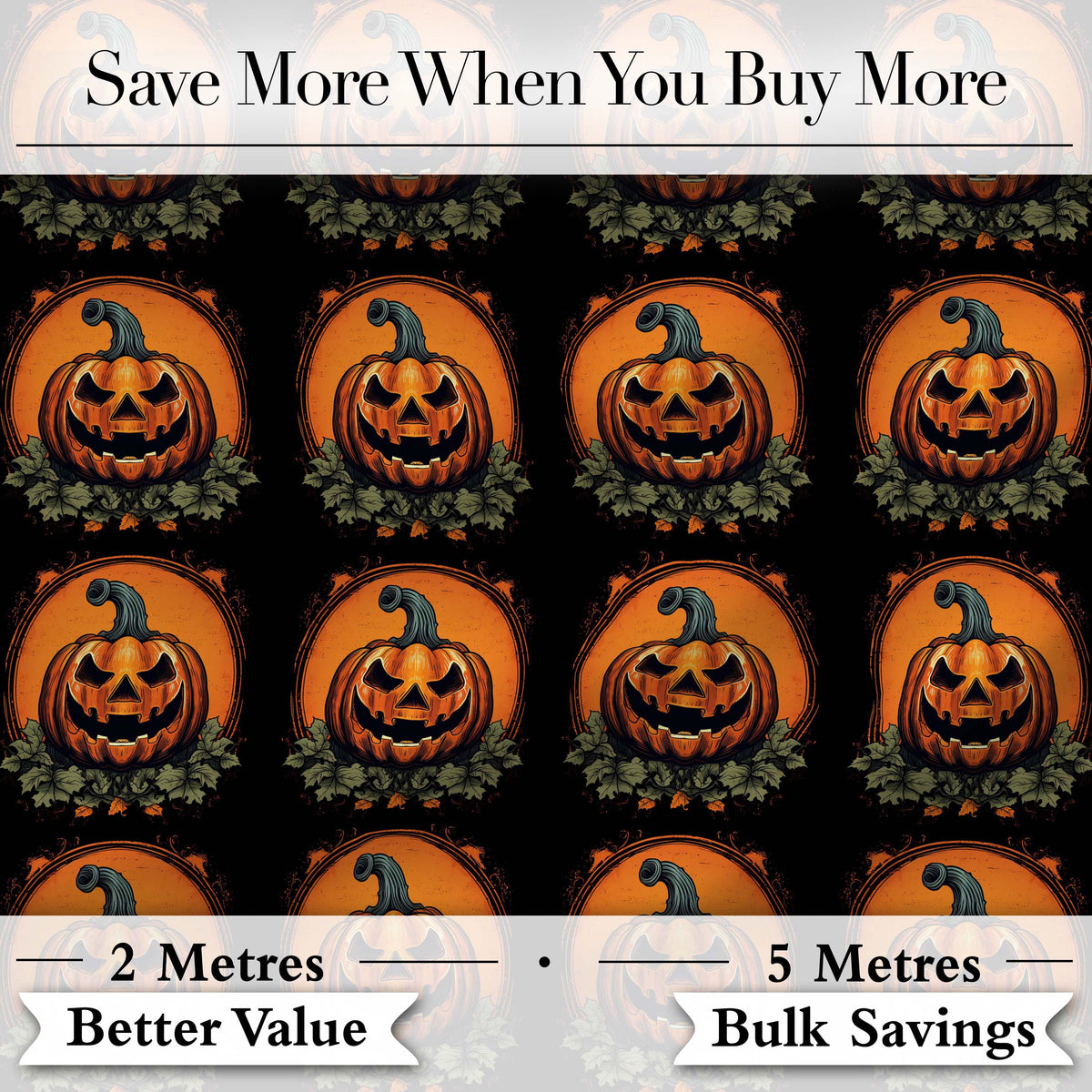 Cute Carved Pumpkin Leaves Black Background Halloween Seamless Pattern Digital Print Fabric by the Metre UK Sewing Quilting Textile
