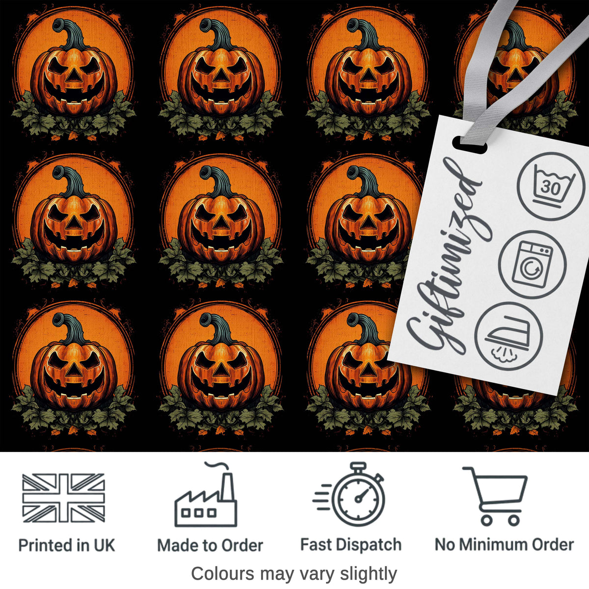 Cute Carved Pumpkin Leaves Black Background Halloween Seamless Pattern Digital Print Fabric by the Metre UK Sewing Quilting Textile