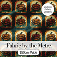 Vintage Halloween Pumpkin Leaves Frame Dark Green Seamless Pattern Digital Print Fabric by the Metre UK Sewing Quilting Textile