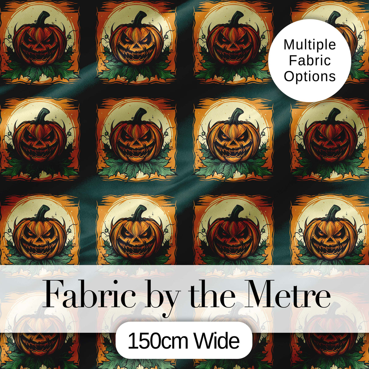 Vintage Halloween Pumpkin Leaves Frame Dark Green Seamless Pattern Digital Print Fabric by the Metre UK Sewing Quilting Textile