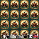 Vintage Halloween Pumpkin Leaves Frame Dark Green Seamless Pattern Digital Print Fabric by the Metre UK Sewing Quilting Textile