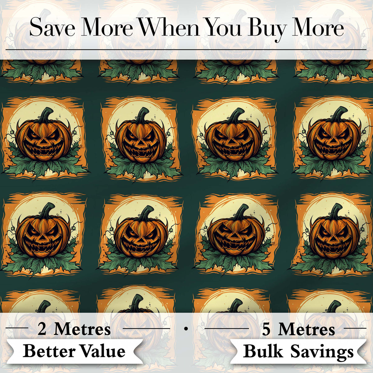 Vintage Halloween Pumpkin Leaves Frame Dark Green Seamless Pattern Digital Print Fabric by the Metre UK Sewing Quilting Textile