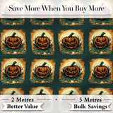 Vintage Halloween Pumpkin Leaves Frame Dark Green Seamless Pattern Digital Print Fabric by the Metre UK Sewing Quilting Textile