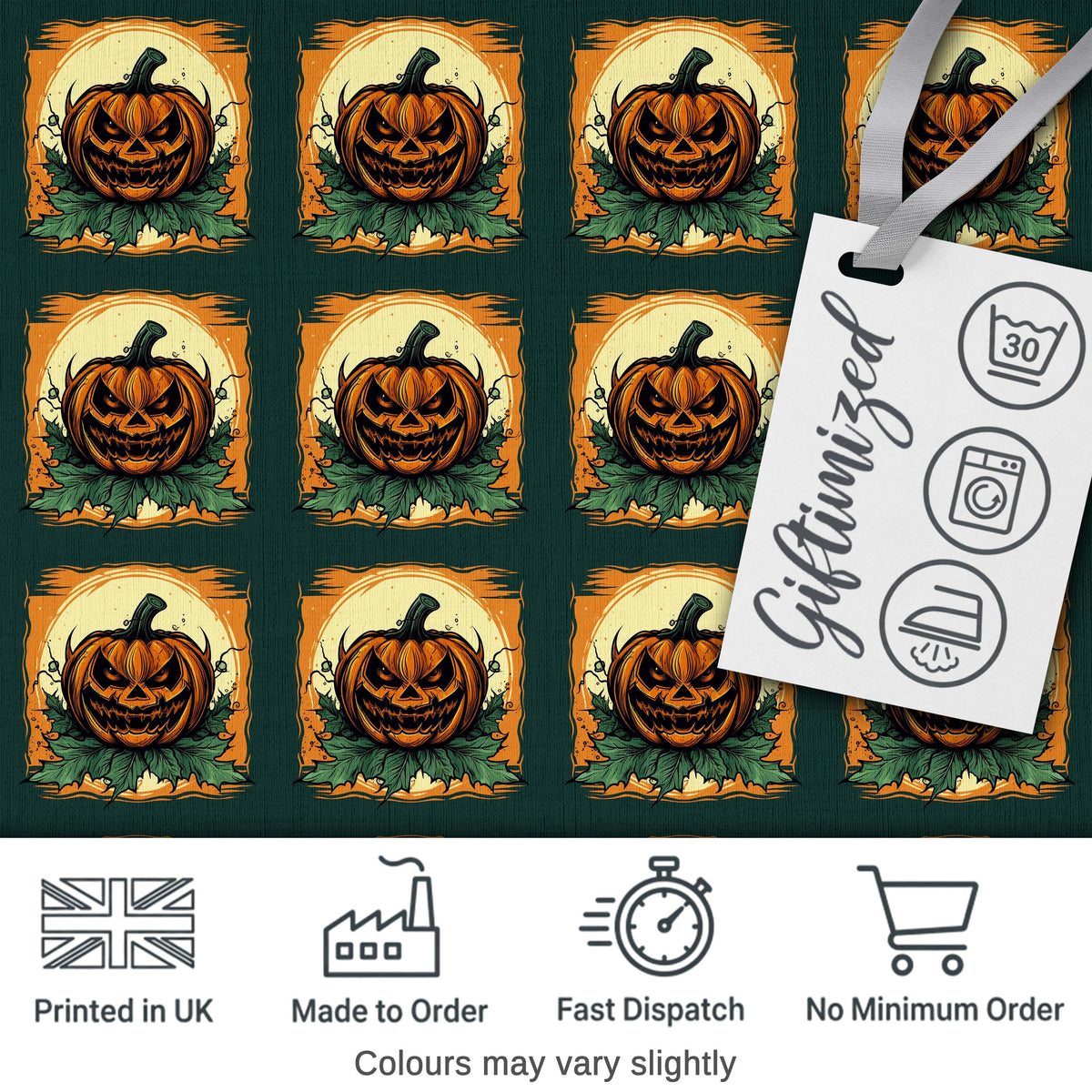 Vintage Halloween Pumpkin Leaves Frame Dark Green Seamless Pattern Digital Print Fabric by the Metre UK Sewing Quilting Textile