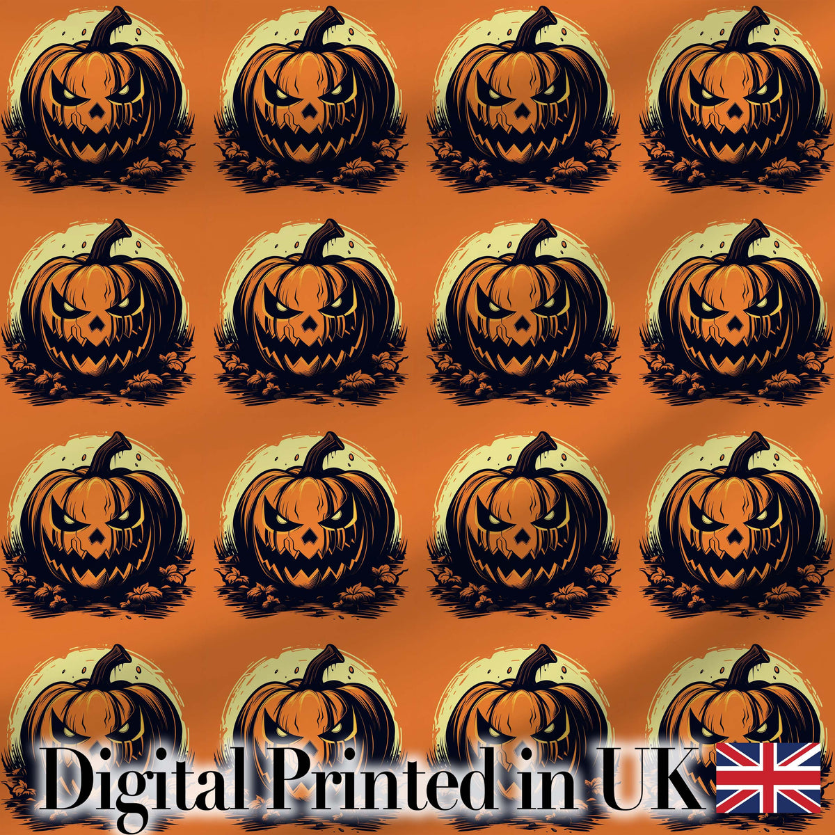 Spooky Jack O Lantern Orange Background Classic Halloween Seamless Pattern Digital Print Fabric by the Metre UK Sewing Quilting Textile