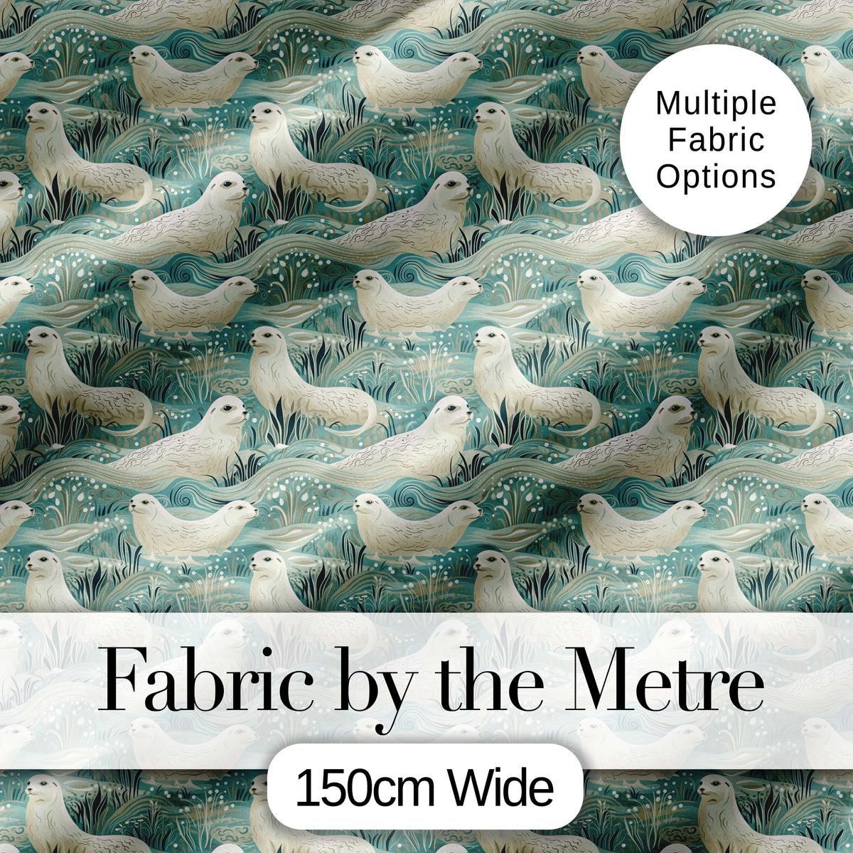Elegant Swimming Seals in Ocean Waves Teal Decorative Seamless Pattern Digital Print Fabric by the Metre UK Sewing Quilting Textile