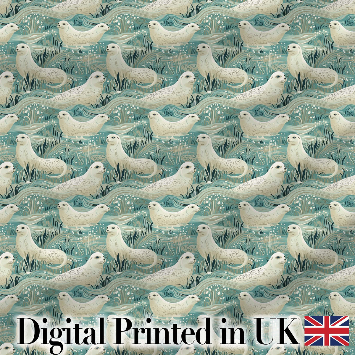 Elegant Swimming Seals in Ocean Waves Teal Decorative Seamless Pattern Digital Print Fabric by the Metre UK Sewing Quilting Textile