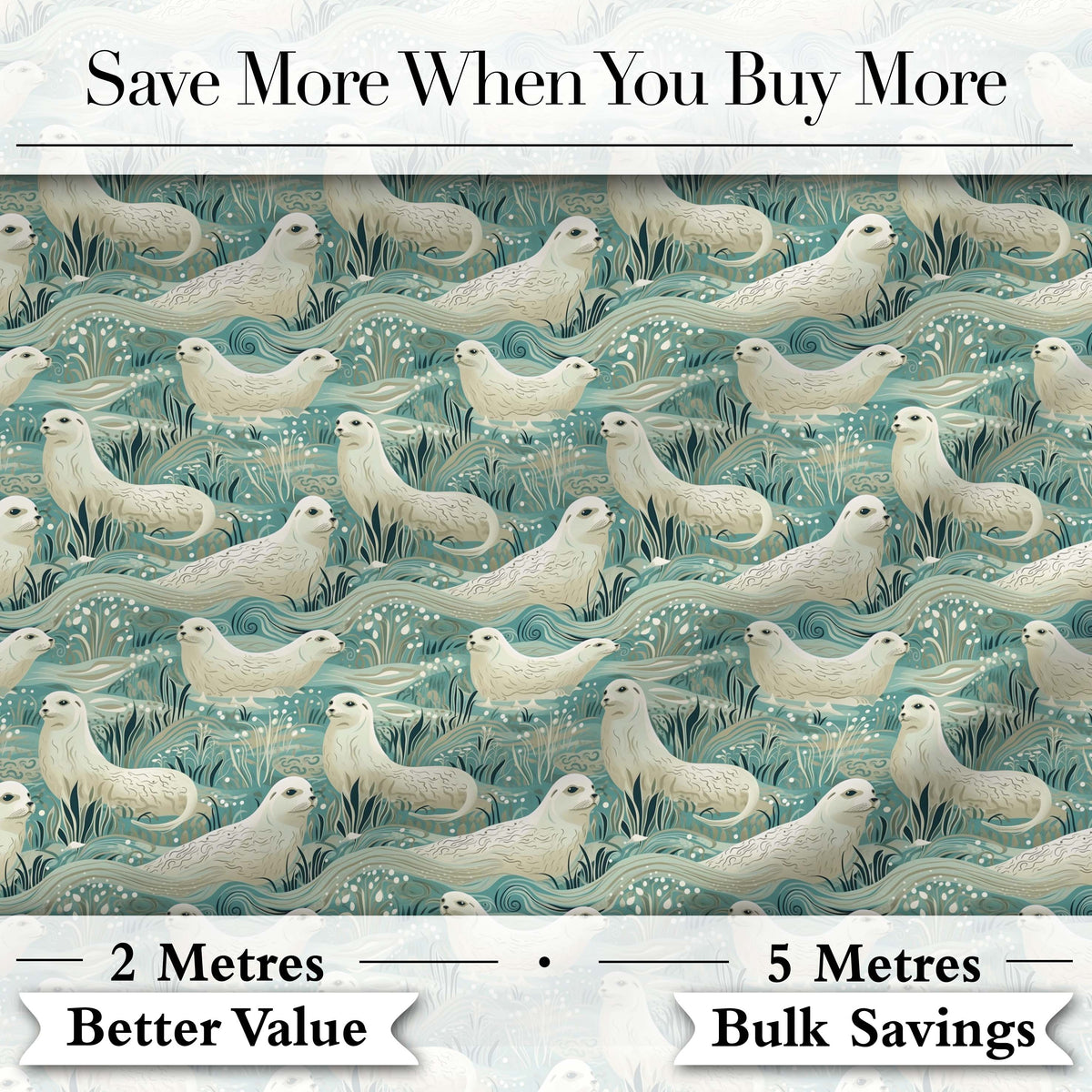 Elegant Swimming Seals in Ocean Waves Teal Decorative Seamless Pattern Digital Print Fabric by the Metre UK Sewing Quilting Textile