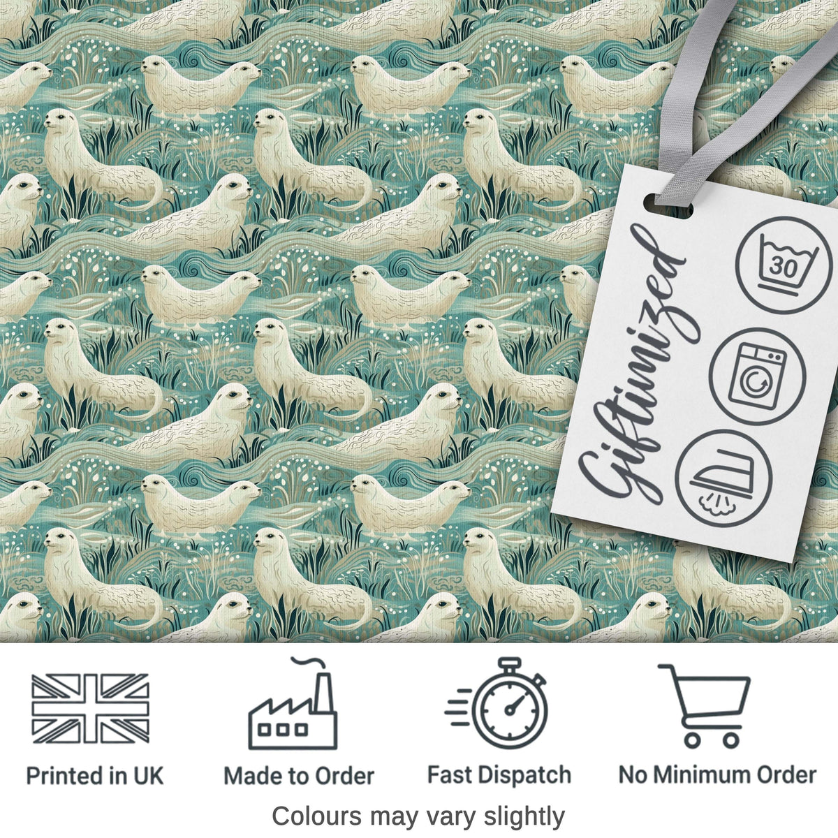 Elegant Swimming Seals in Ocean Waves Teal Decorative Seamless Pattern Digital Print Fabric by the Metre UK Sewing Quilting Textile