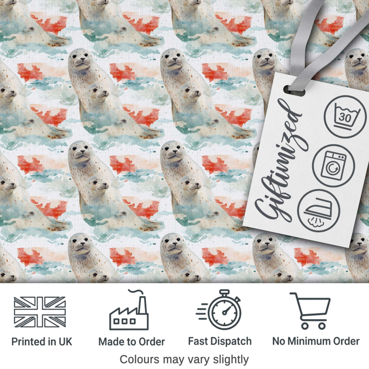 Watercolour Seal Pair with Soft Coral Splash Background Seamless Pattern Digital Print Fabric by the Metre UK Sewing Quilting Textile