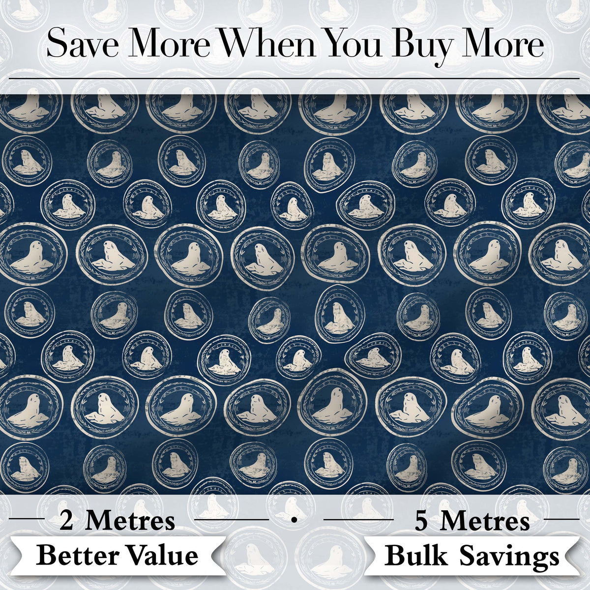 Vintage Style Seal Cameo Medallion Navy Classic Seamless Pattern Digital Print Fabric by the Metre UK Sewing Quilting Textile