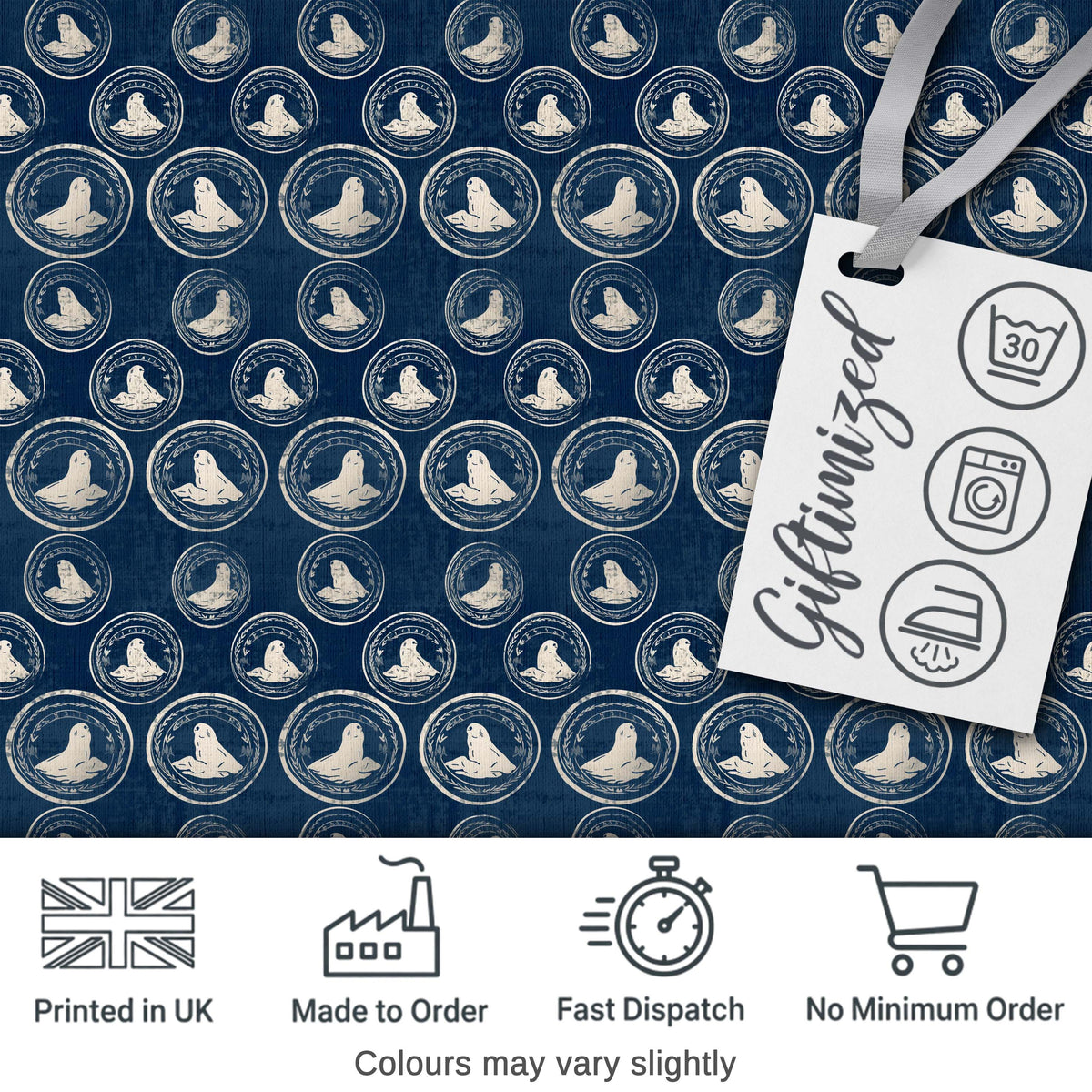 Vintage Style Seal Cameo Medallion Navy Classic Seamless Pattern Digital Print Fabric by the Metre UK Sewing Quilting Textile