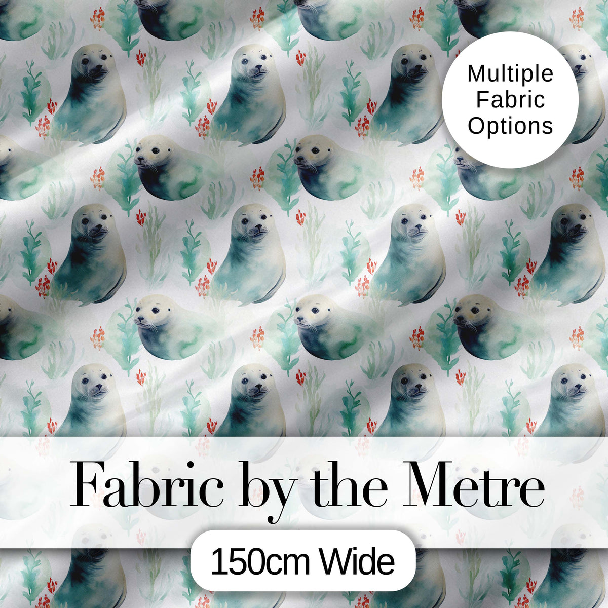 Painterly Seals Swimming in Deep Blue Ocean Artistic Seamless Pattern Digital Print Fabric by the Metre UK Sewing Quilting Textile