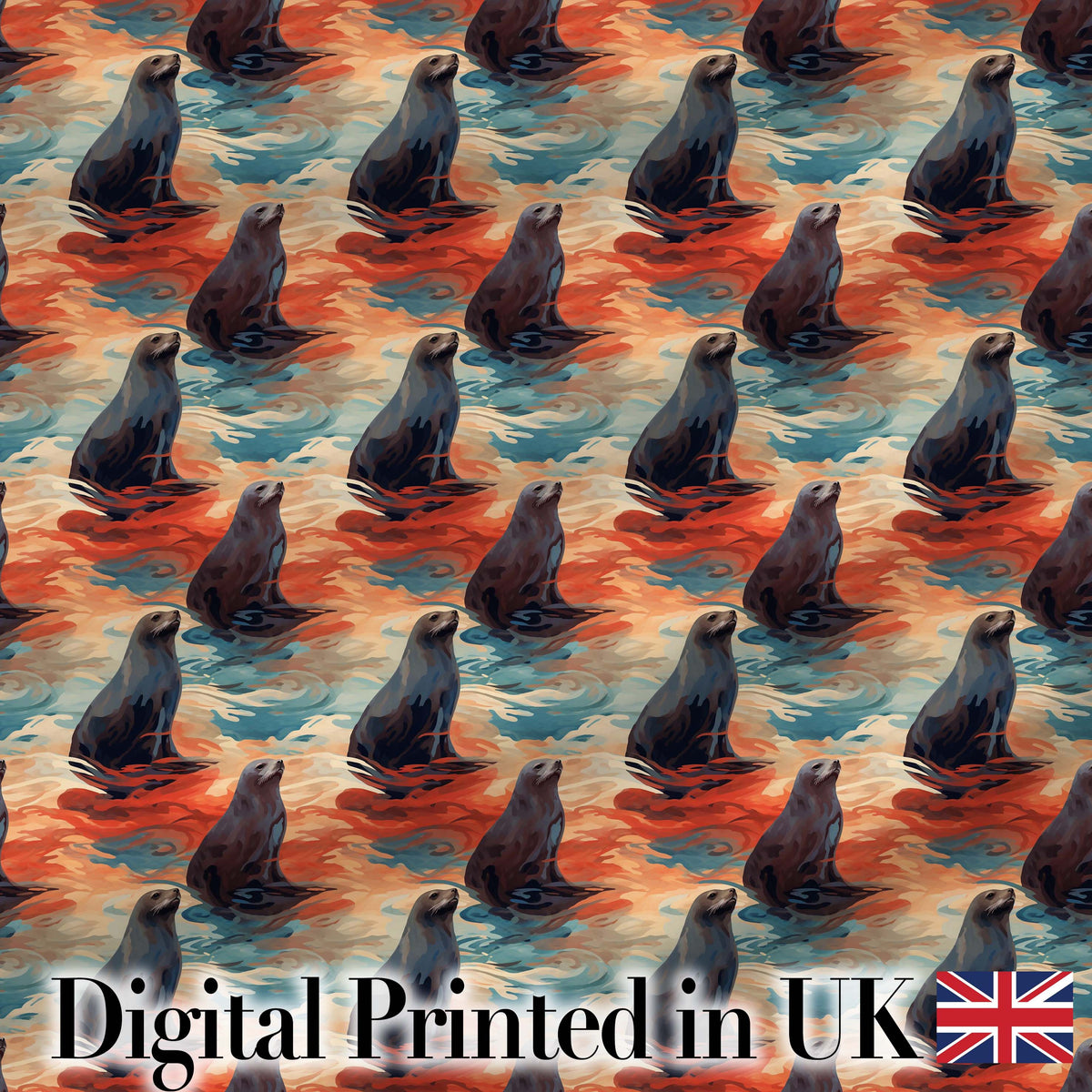Bright Blue Ocean Seal Swimming Waves Artistic Seamless Pattern Digital Print Fabric by the Metre UK Sewing Quilting Textile