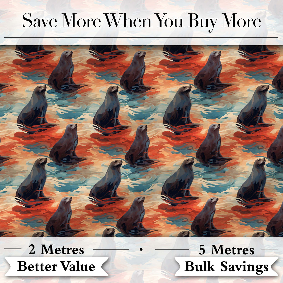 Bright Blue Ocean Seal Swimming Waves Artistic Seamless Pattern Digital Print Fabric by the Metre UK Sewing Quilting Textile
