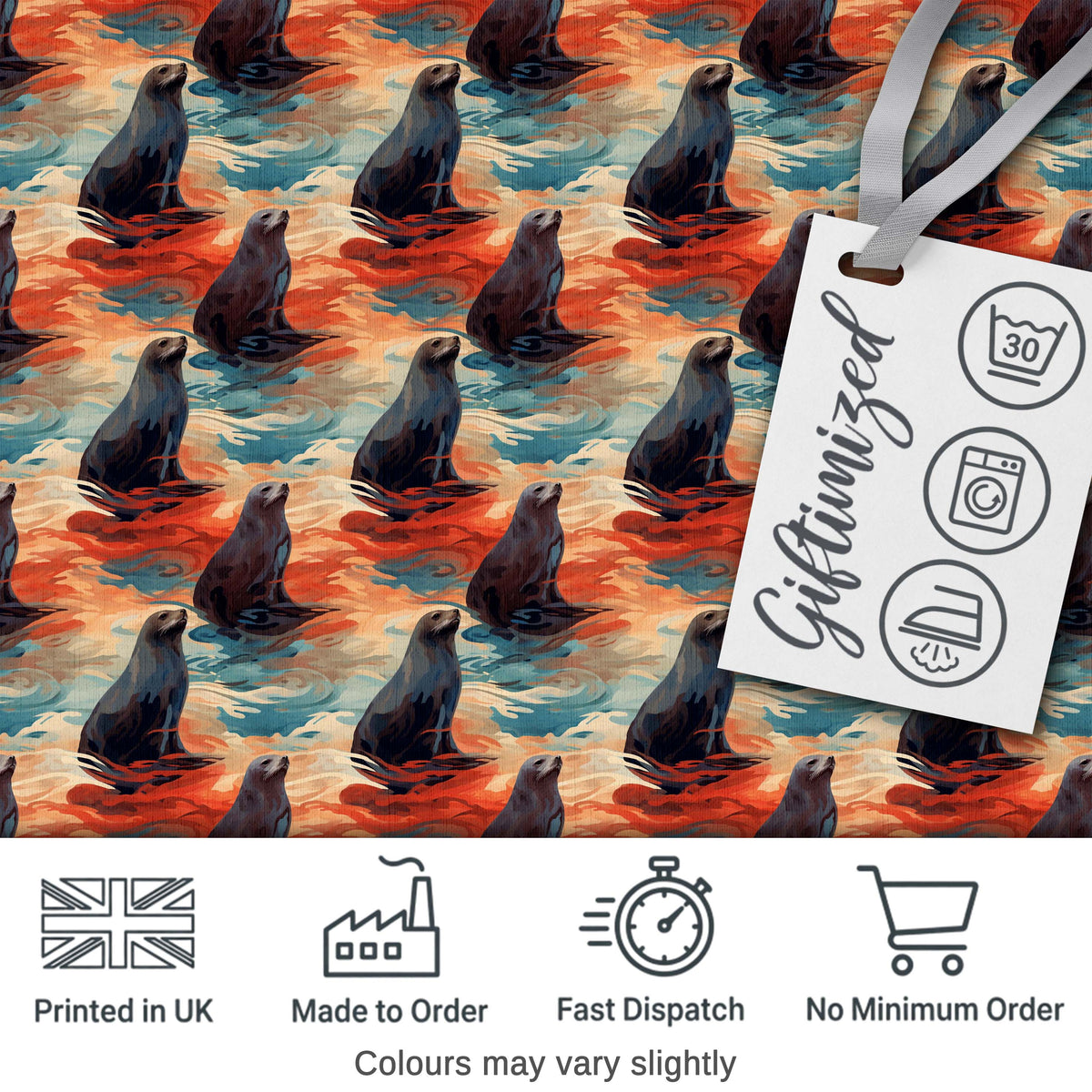 Bright Blue Ocean Seal Swimming Waves Artistic Seamless Pattern Digital Print Fabric by the Metre UK Sewing Quilting Textile