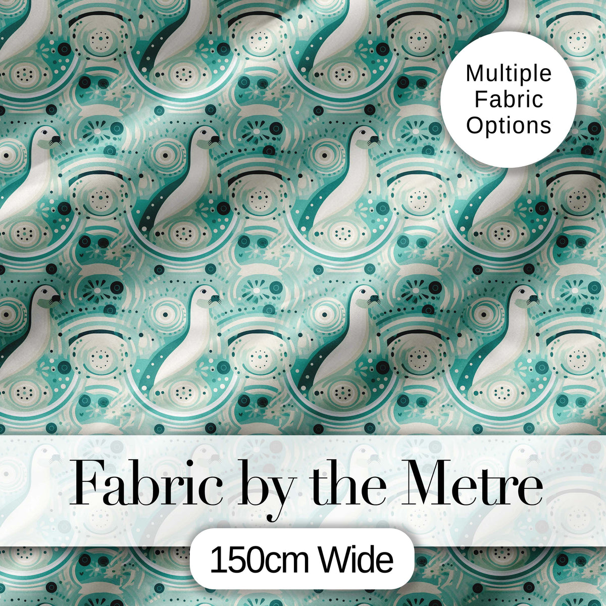 Decorative Stylised Seals with Swirl Ocean Motifs Teal Seamless Pattern Digital Print Fabric by the Metre UK Sewing Quilting Textile