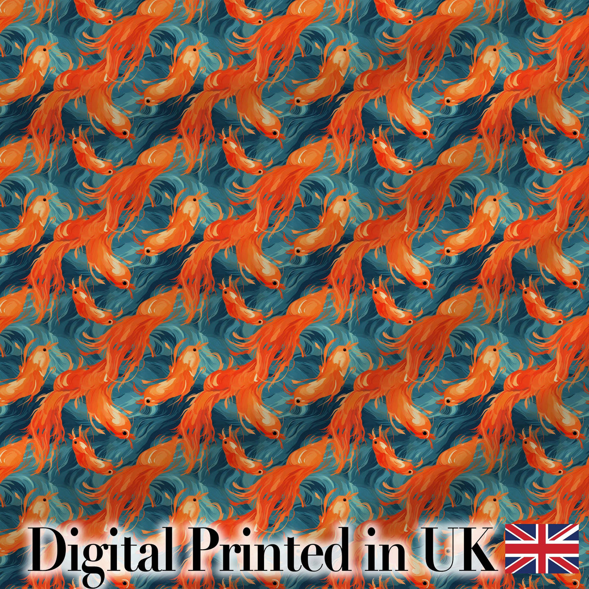 Cute Painterly Orange Shrimp with Flowing Ocean Waves Seamless Pattern Digital Print Fabric by the Metre UK Sewing Quilting Textile