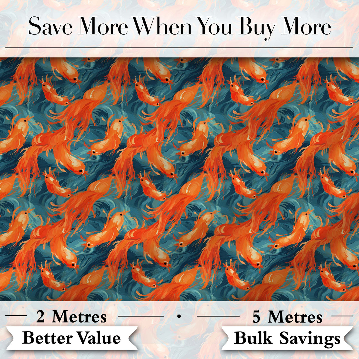 Cute Painterly Orange Shrimp with Flowing Ocean Waves Seamless Pattern Digital Print Fabric by the Metre UK Sewing Quilting Textile