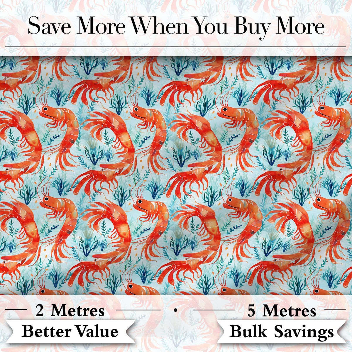 Cute LShrimp with Seaweed Botanical Design Seamless Pattern Digital Print Fabric by the Metre UK Sewing Quilting Textile