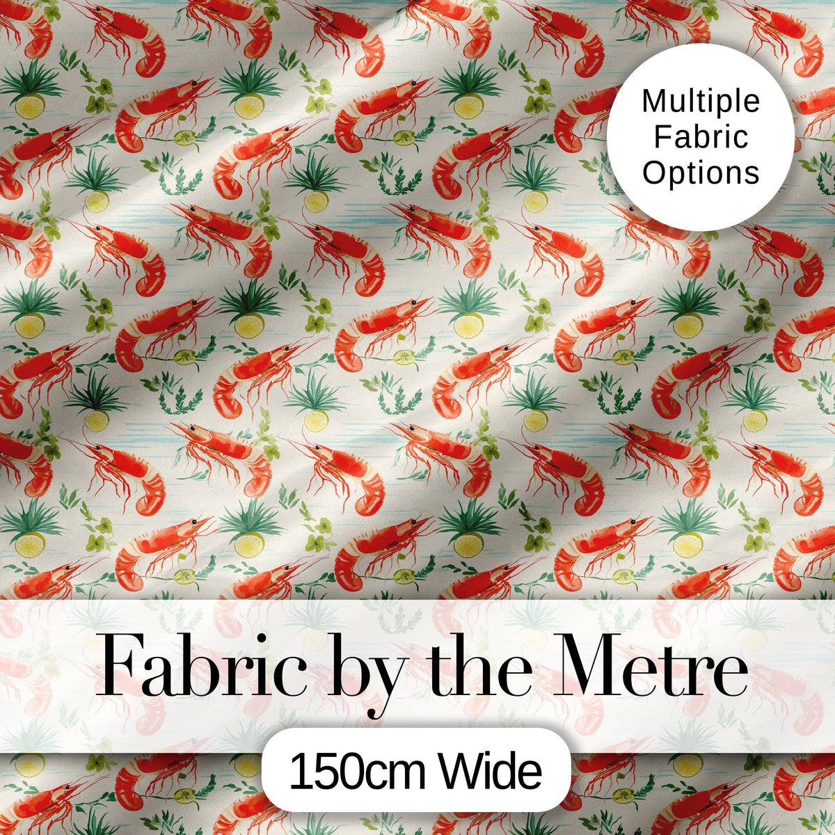 Cute Fresh Seafood Shrimp with Herbs and Citrus Seamless Pattern Digital Print Fabric by the Metre UK Sewing Quilting Textile