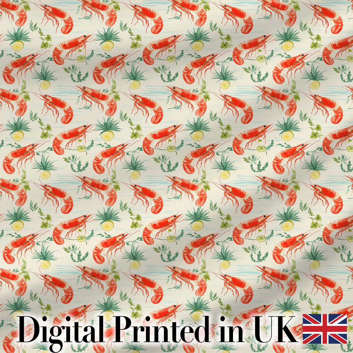 Cute Fresh Seafood Shrimp with Herbs and Citrus Seamless Pattern Digital Print Fabric by the Metre UK Sewing Quilting Textile