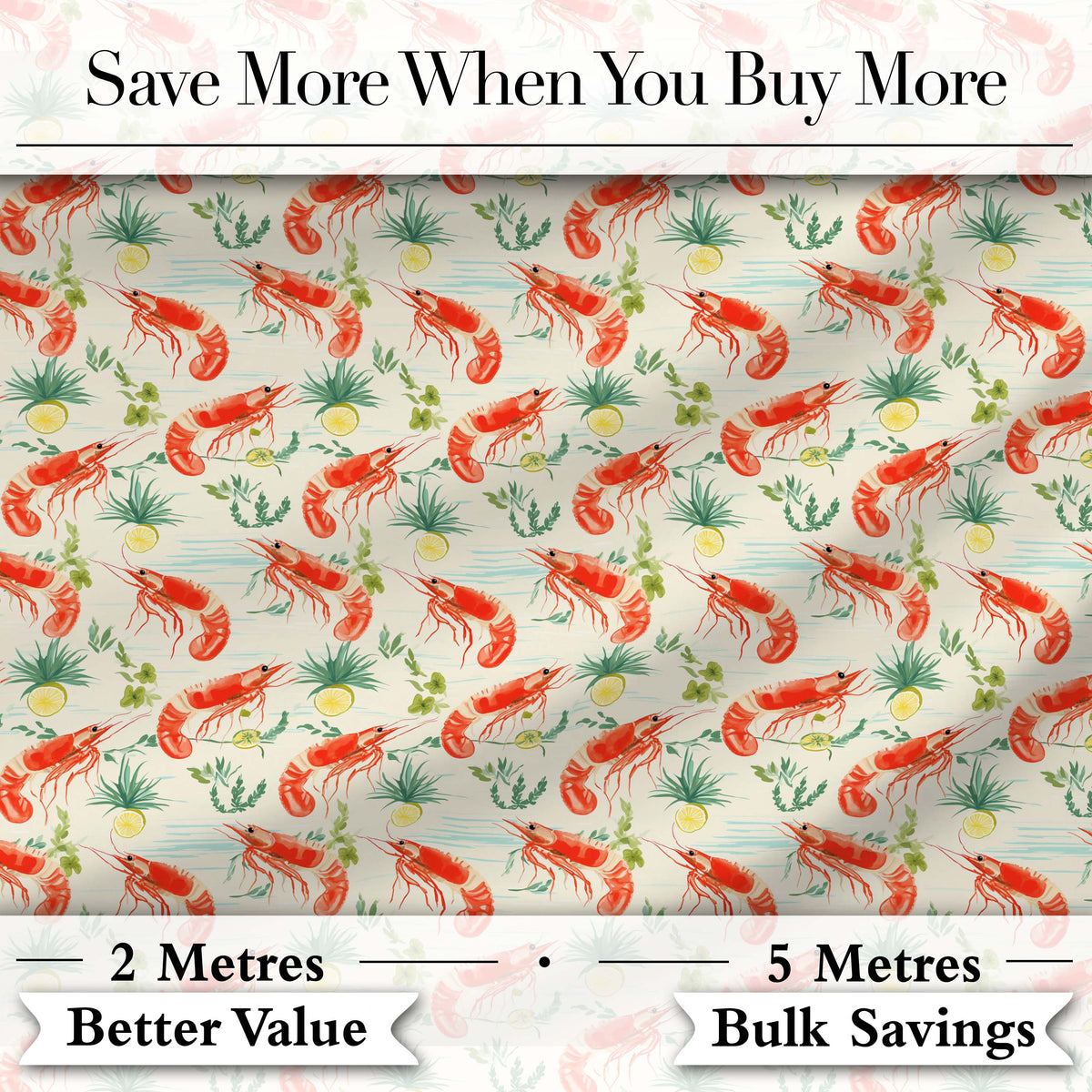 Cute Fresh Seafood Shrimp with Herbs and Citrus Seamless Pattern Digital Print Fabric by the Metre UK Sewing Quilting Textile