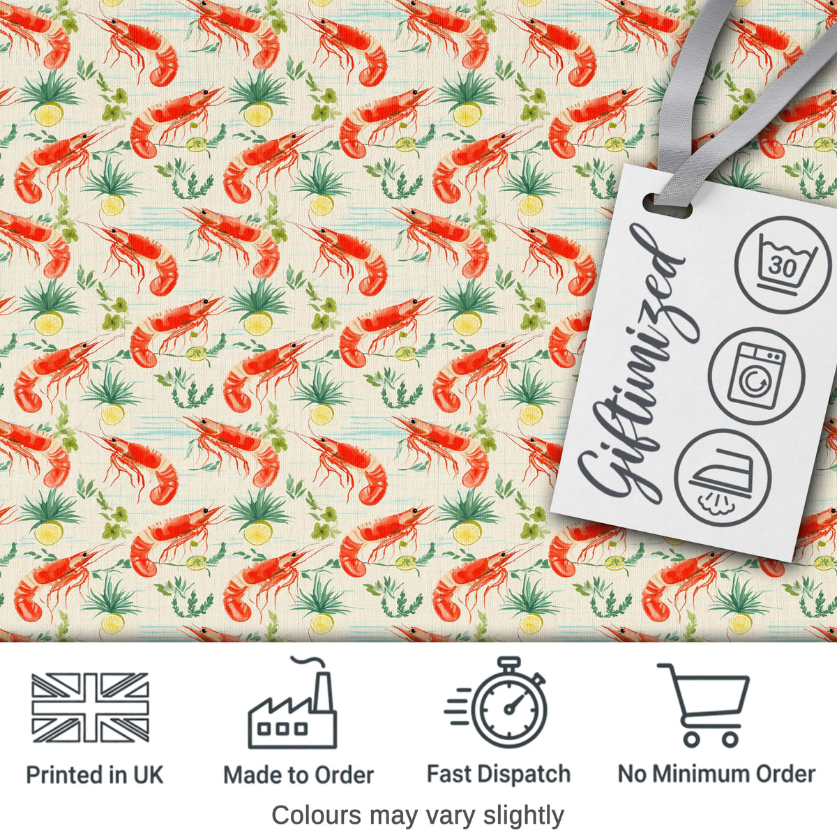 Cute Fresh Seafood Shrimp with Herbs and Citrus Seamless Pattern Digital Print Fabric by the Metre UK Sewing Quilting Textile