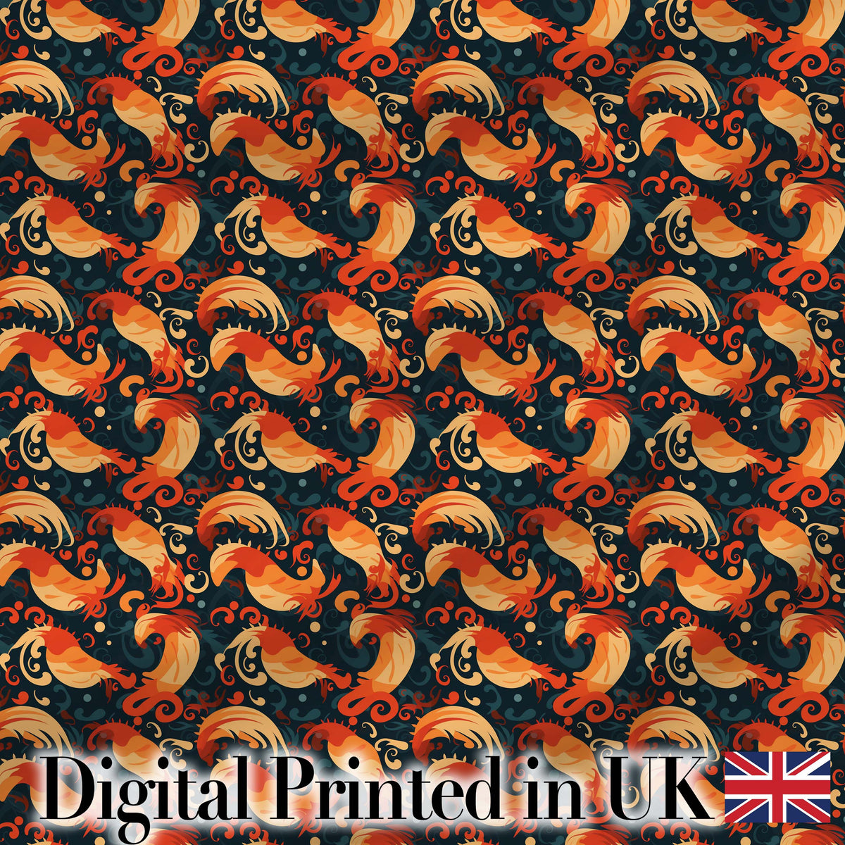 Ornate Orange Shrimp with Decorative Swirls Dark Seamless Pattern Digital Print Fabric by the Metre UK Sewing Quilting Textile