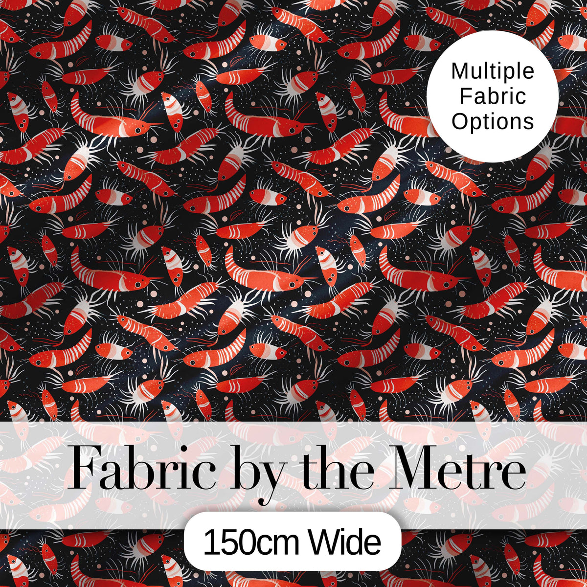 Graphic Red Shrimp on Dark Ocean Background Seamless Pattern Digital Print Fabric by the Metre UK Sewing Quilting Textile