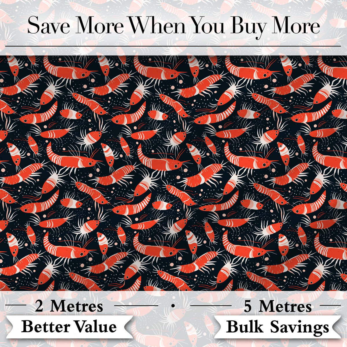 Graphic Red Shrimp on Dark Ocean Background Seamless Pattern Digital Print Fabric by the Metre UK Sewing Quilting Textile