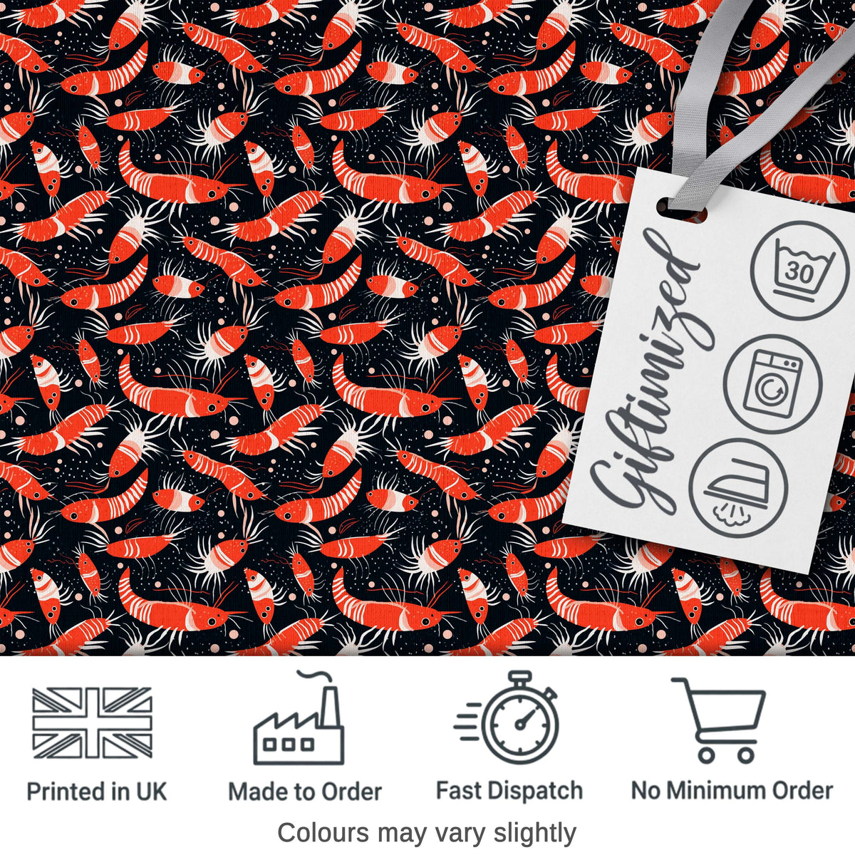 Graphic Red Shrimp on Dark Ocean Background Seamless Pattern Digital Print Fabric by the Metre UK Sewing Quilting Textile