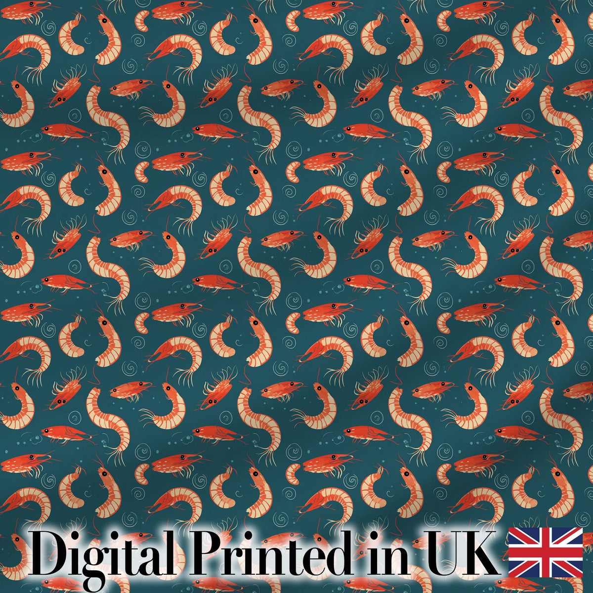 Playful Red Shrimp on Teal Ocean Seamless Pattern Digital Print Fabric by the Metre UK Sewing Quilting Textile