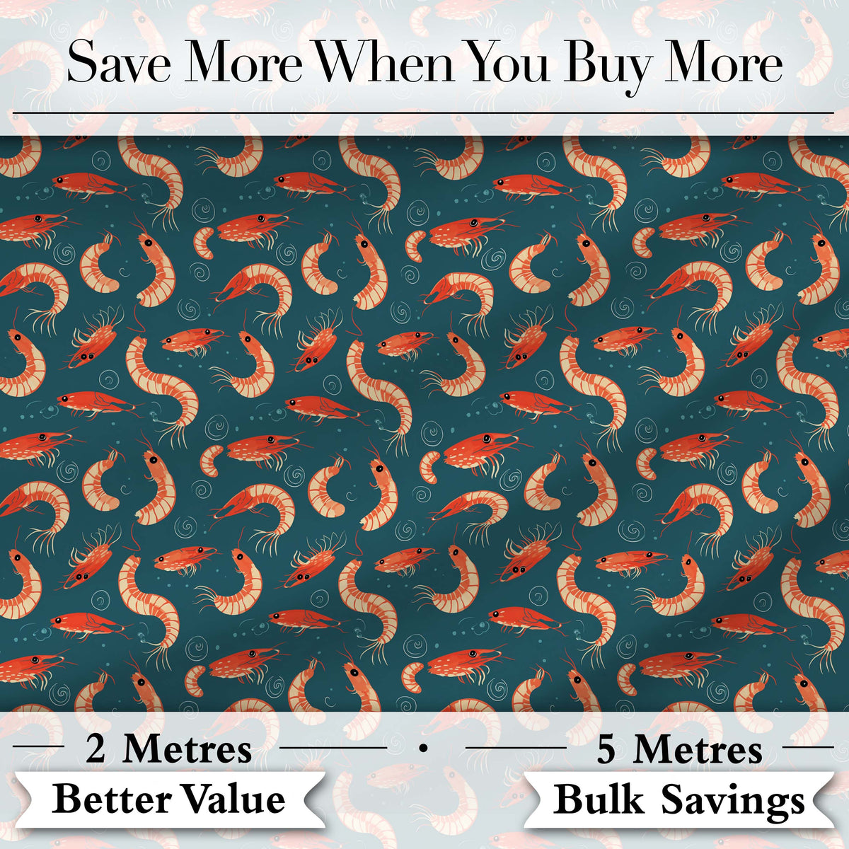 Playful Red Shrimp on Teal Ocean Seamless Pattern Digital Print Fabric by the Metre UK Sewing Quilting Textile