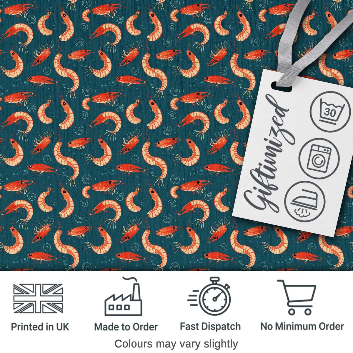 Playful Red Shrimp on Teal Ocean Seamless Pattern Digital Print Fabric by the Metre UK Sewing Quilting Textile
