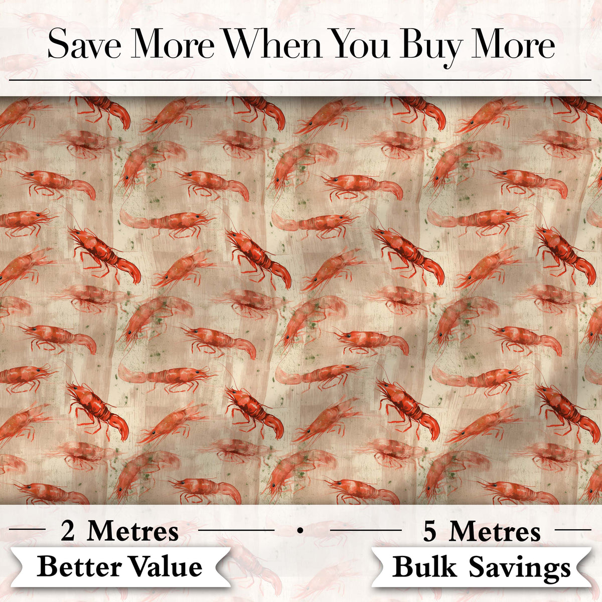 Rustic Watercolour Prawn on Textured Neutral Background Seamless Pattern Digital Print Fabric by the Metre UK Sewing Quilting Textile