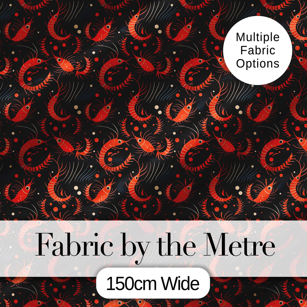 Bold Red Shrimp on Black with Flowing Ocean Lines Seamless Pattern Digital Print Fabric by the Metre UK Sewing Quilting Textile