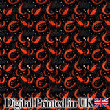 Bold Red Shrimp on Black with Flowing Ocean Lines Seamless Pattern Digital Print Fabric by the Metre UK Sewing Quilting Textile