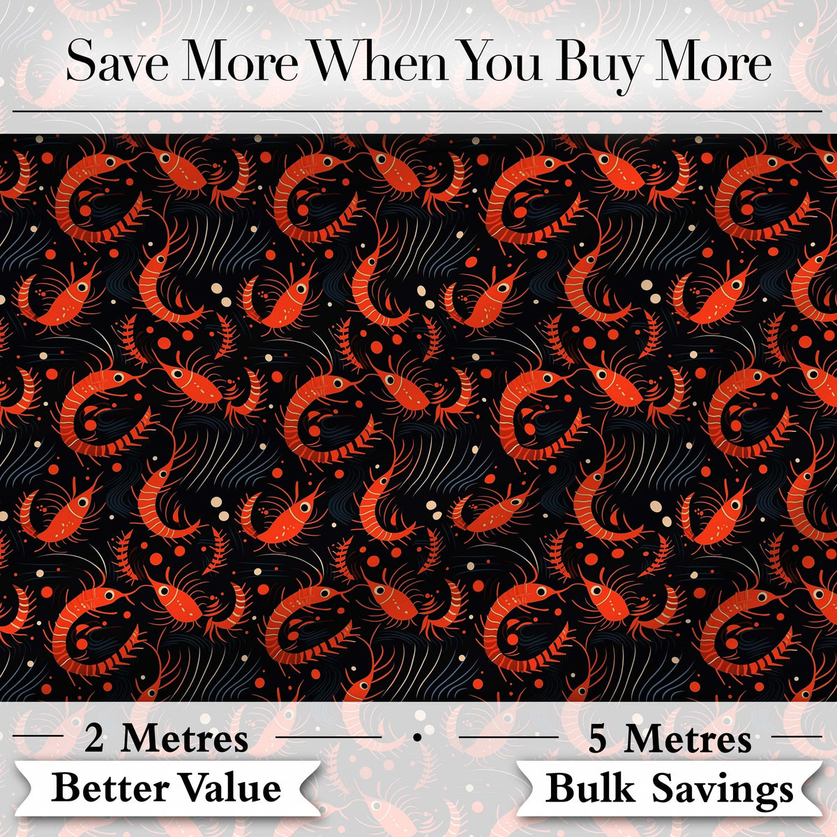 Bold Red Shrimp on Black with Flowing Ocean Lines Seamless Pattern Digital Print Fabric by the Metre UK Sewing Quilting Textile
