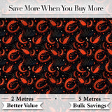 Bold Red Shrimp on Black with Flowing Ocean Lines Seamless Pattern Digital Print Fabric by the Metre UK Sewing Quilting Textile