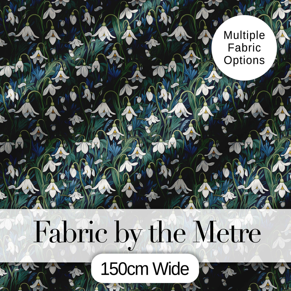 Elegant White Bell Flowers on Deep Botanical Background Seamless Pattern Digital Print Fabric by the Metre UK Sewing Quilting Textile