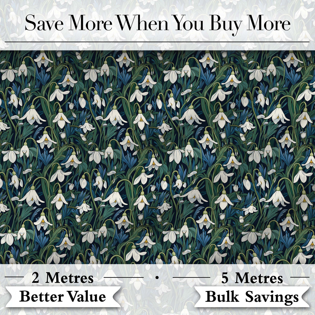 Elegant White Bell Flowers on Deep Botanical Background Seamless Pattern Digital Print Fabric by the Metre UK Sewing Quilting Textile