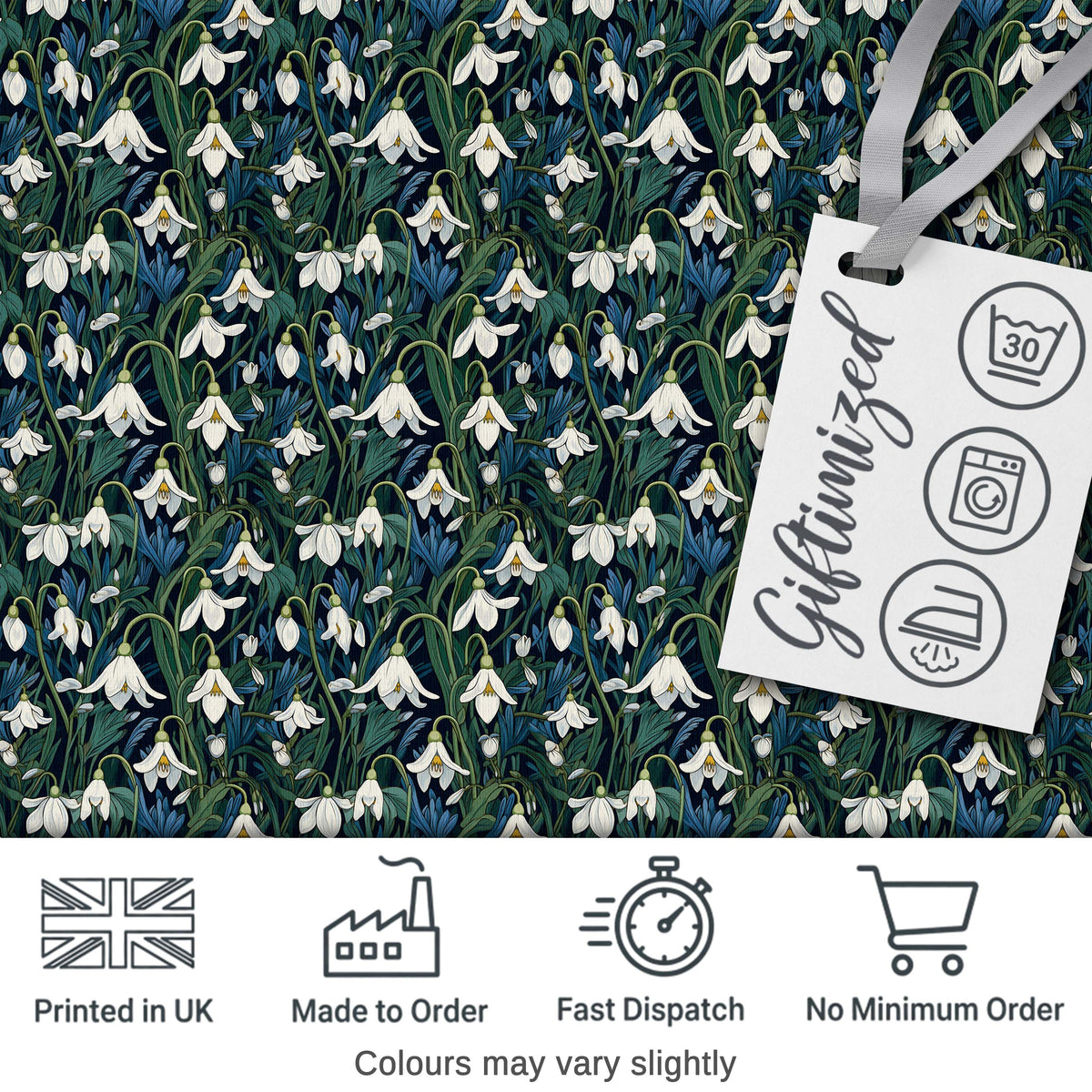 Elegant White Bell Flowers on Deep Botanical Background Seamless Pattern Digital Print Fabric by the Metre UK Sewing Quilting Textile