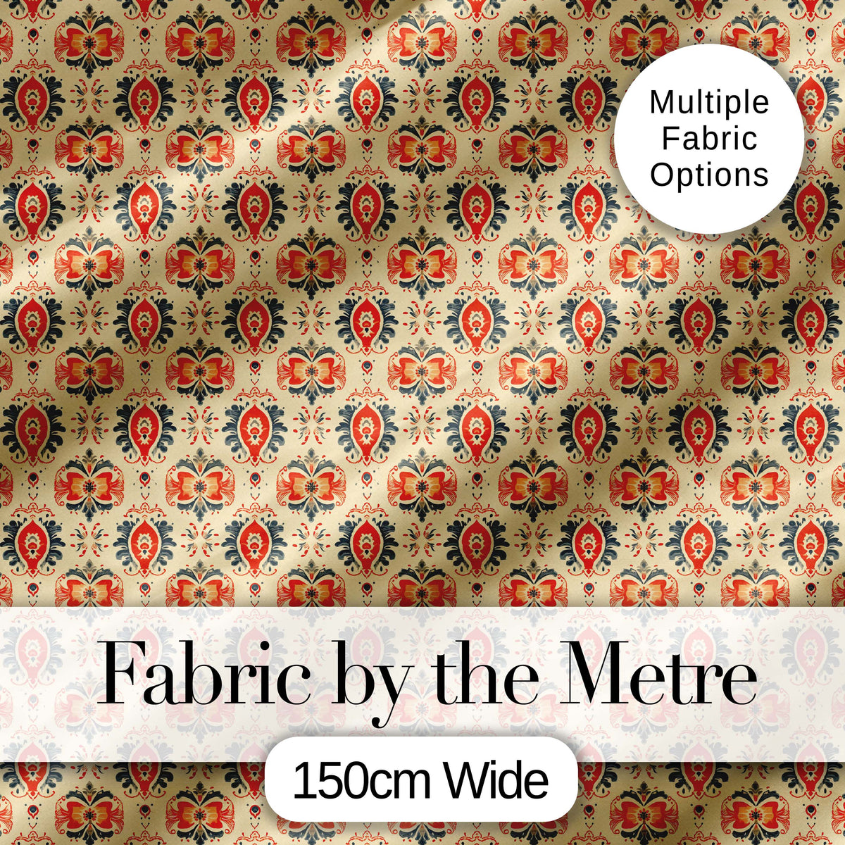 Ornamental Folk Floral Tile Pattern in Red Blue and Cream Digital Print Fabric by the Metre UK Sewing Quilting Textile