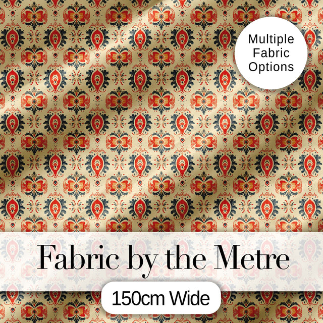Ornamental Folk Floral Tile Pattern in Red Blue and Cream Digital Print Fabric by the Metre UK Sewing Quilting Textile