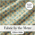 Vintage Ornamental Tile  in Teal and Mustard on Distressed Beige Background Digital Print Fabric by the Metre UK Sewing Quilting Textile