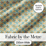 Vintage Ornamental Tile  in Teal and Mustard on Distressed Beige Background Digital Print Fabric by the Metre UK Sewing Quilting Textile