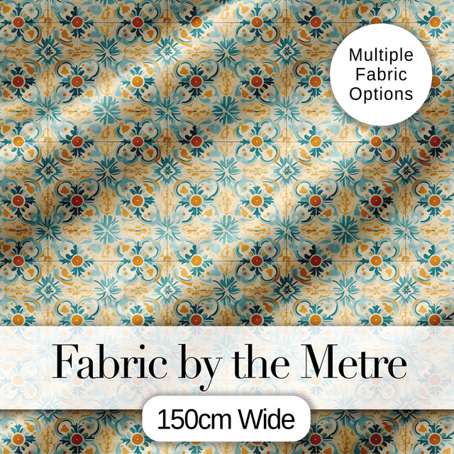 Vintage Ornamental Tile  in Teal and Mustard on Distressed Beige Background Digital Print Fabric by the Metre UK Sewing Quilting Textile
