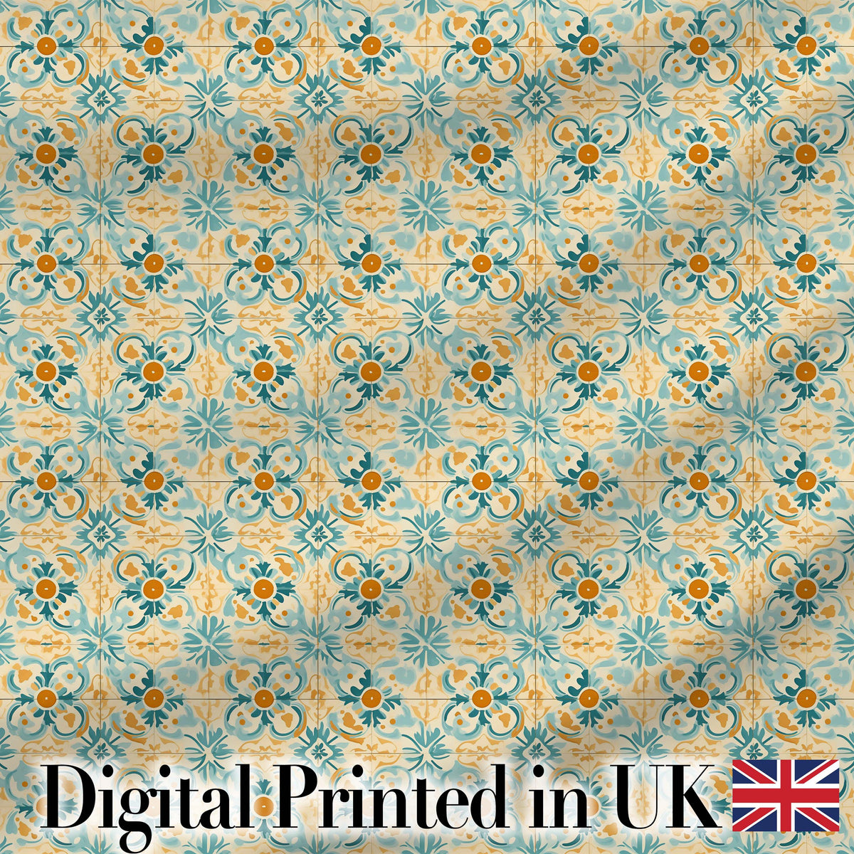 Vintage Ornamental Tile  in Teal and Mustard on Distressed Beige Background Digital Print Fabric by the Metre UK Sewing Quilting Textile